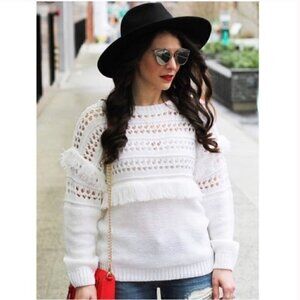 J.O.A Crochet Fringe Openwork Knit Crew Sweater